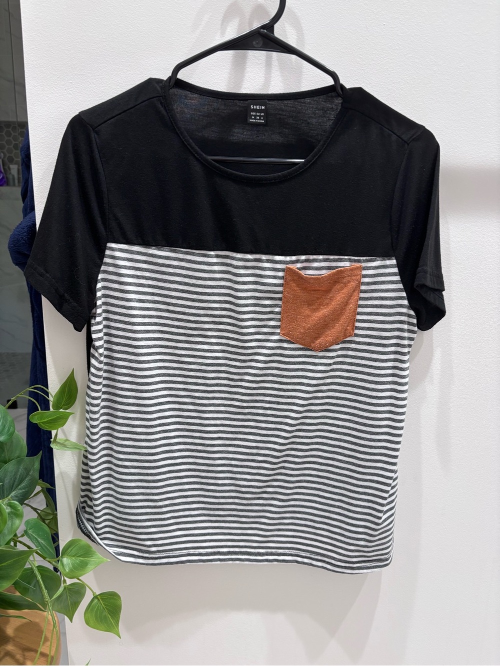 SHEIN Black & White Striped Tee with Rust Pocket Accent